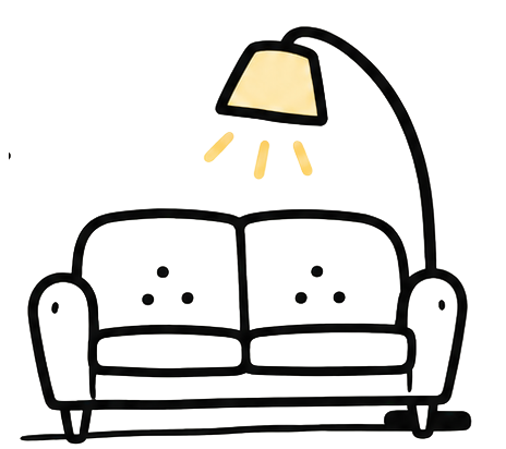 The Couch Can Wait hand-drawn couch and glowing floor lamp